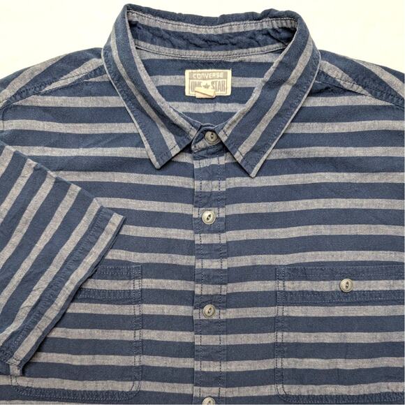 Converse One Star Vintage Mens Short Sleeve Button Down Shirt L Blue Stripe Y2K - Picture 1 of 6